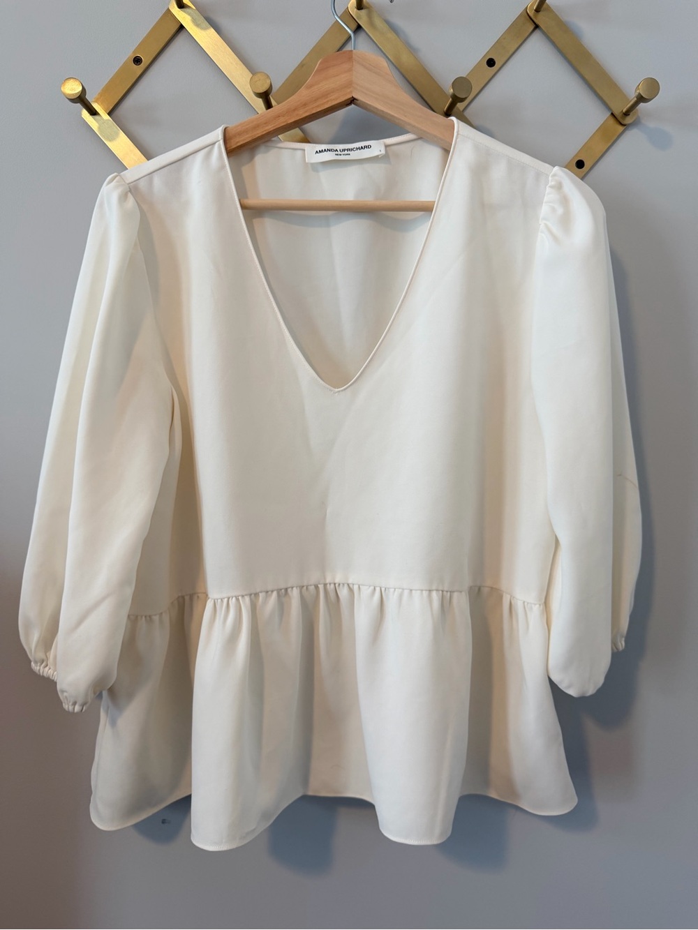 Amanda Uprichard Ivory Peplum Top V-Neck Puff Balloon Sleeve Blouse Sz S (as is)